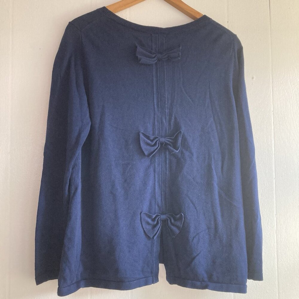 Crown & Ivy Pullover Tunic Sweater Bows On Back Navy Tight Knit Cotton Artsy XL